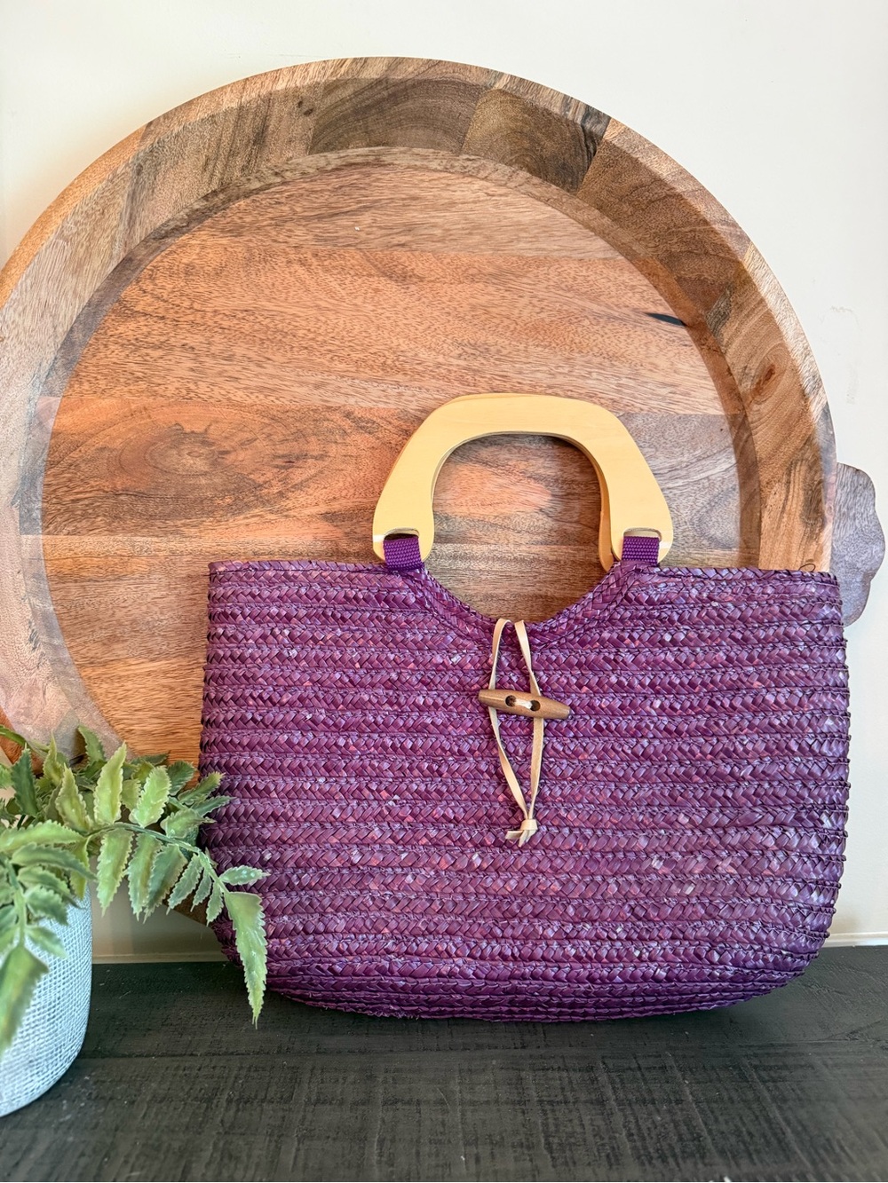 Purple Woven Straw Tote Bag with Wooden Handles